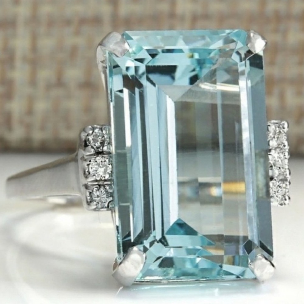 NEW RING AQUAMARINE DIAMOND RING 925 STERLING SILVER RING - Picture 2 of 6